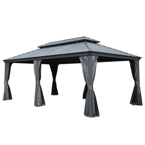 12 ft. x 20 ft. Grey Outdoor Hardtop Gazebo with Dual-Layer Galvanized Steel Roof, Aluminum Frame, Curtains & Netting