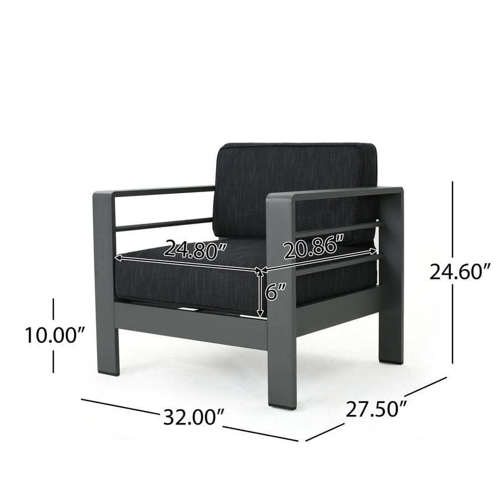 Gray Aluminum 5-Piece Outdoor Firepit Sofa Set with Dark Grey Cushions
