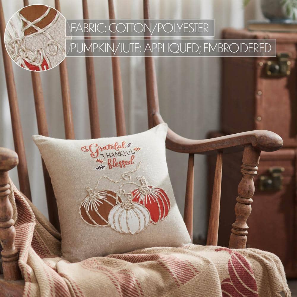 Grateful Thankful Blessed Embroidered Cotton Blend Thanksgiving Pillow
