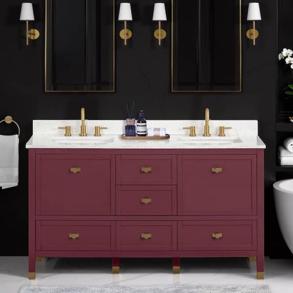 Alana 61 in. Double Sink Burgundy Red Bath Vanity with Alluring Quartz Top