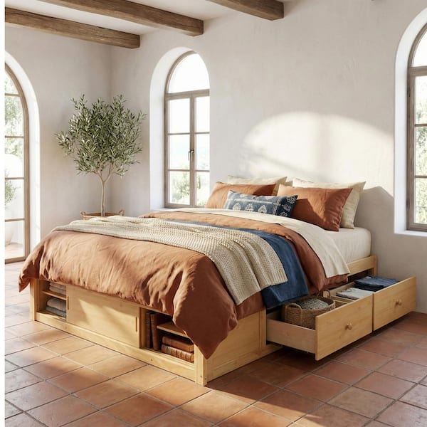 Natural/Yellow Pine Wood Frame Queen Platform Bed with 4-Storage Drawers and Footboard Storage