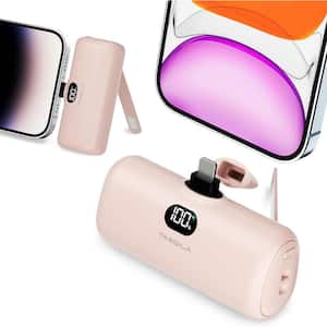 5000mAh Small Portable Compact Power Bank w/LCD Display & LED Light for All iPhone Series, Baby Pink with Stand