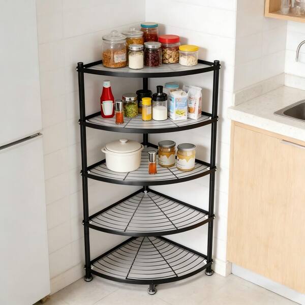 Stainless Steel 5-Tier Corner Pot Rack, Freestanding Durable Storage for Kitchen Organization, Corner Shelf Rack Black