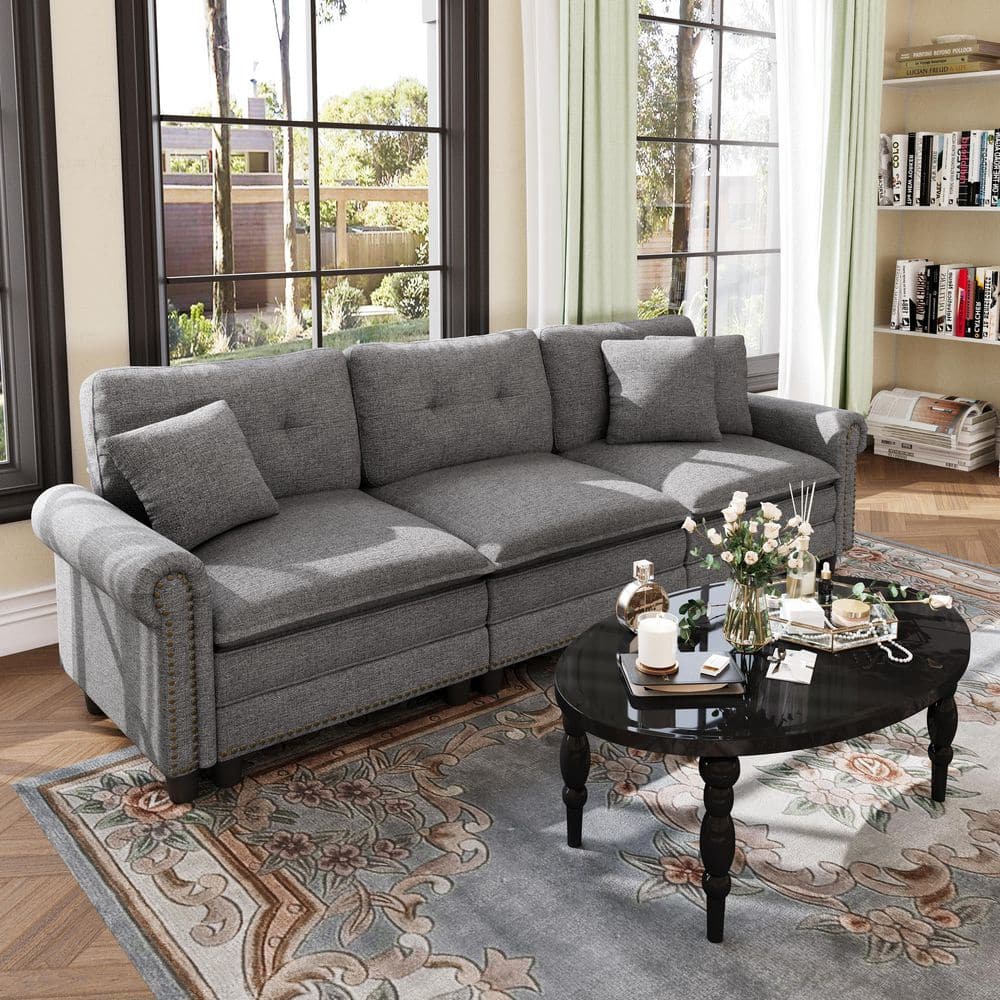113.8 in. Roll Arm 3-Seat Linen-like Fabric Modular Sectional Sofa in Dark Gray with Throw Pillows price history on PriceWatchPro