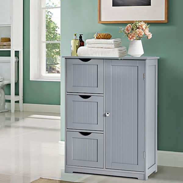 Costway Gray Bathroom Floor Accent Cabinet with 3-Drawers and 1-Cupboard