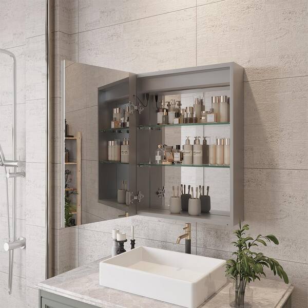 HMMHVV 20 in. W x 28 in. H Rectangular Aluminum Left Surface Mount Smart LED Lighted Wall Bathroom Medicine Cabinet with Mirror