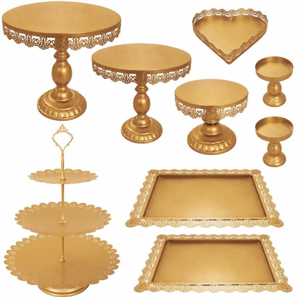 9-Piece Gold Metal Cake Stand Set with 3-Tier Tower, Rectangular Trays, Cupcake Stands and Heart Tray