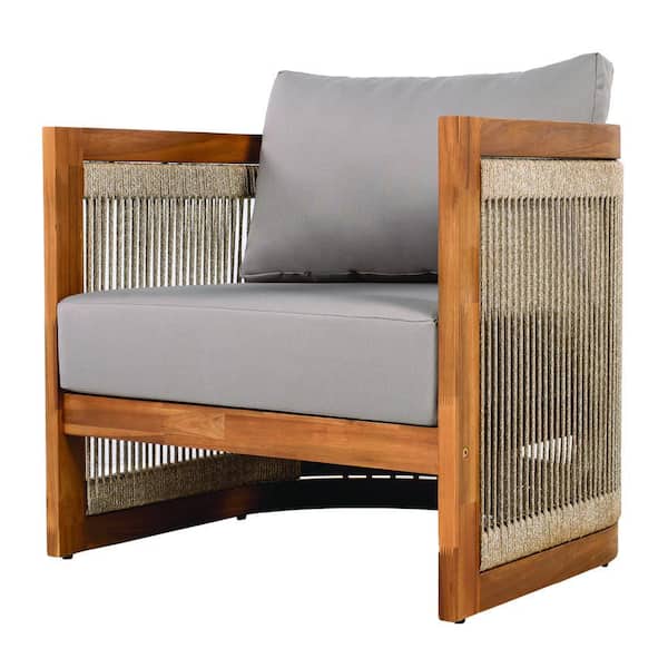 Acacia Wood Outdoor Lounge Chair with Gray Cushions, Woven Rope