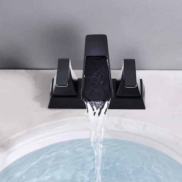 4 in. Centerset Double Handle Waterfall Spout Bathroom Faucet with Pop-Up Assembly in Matte Black