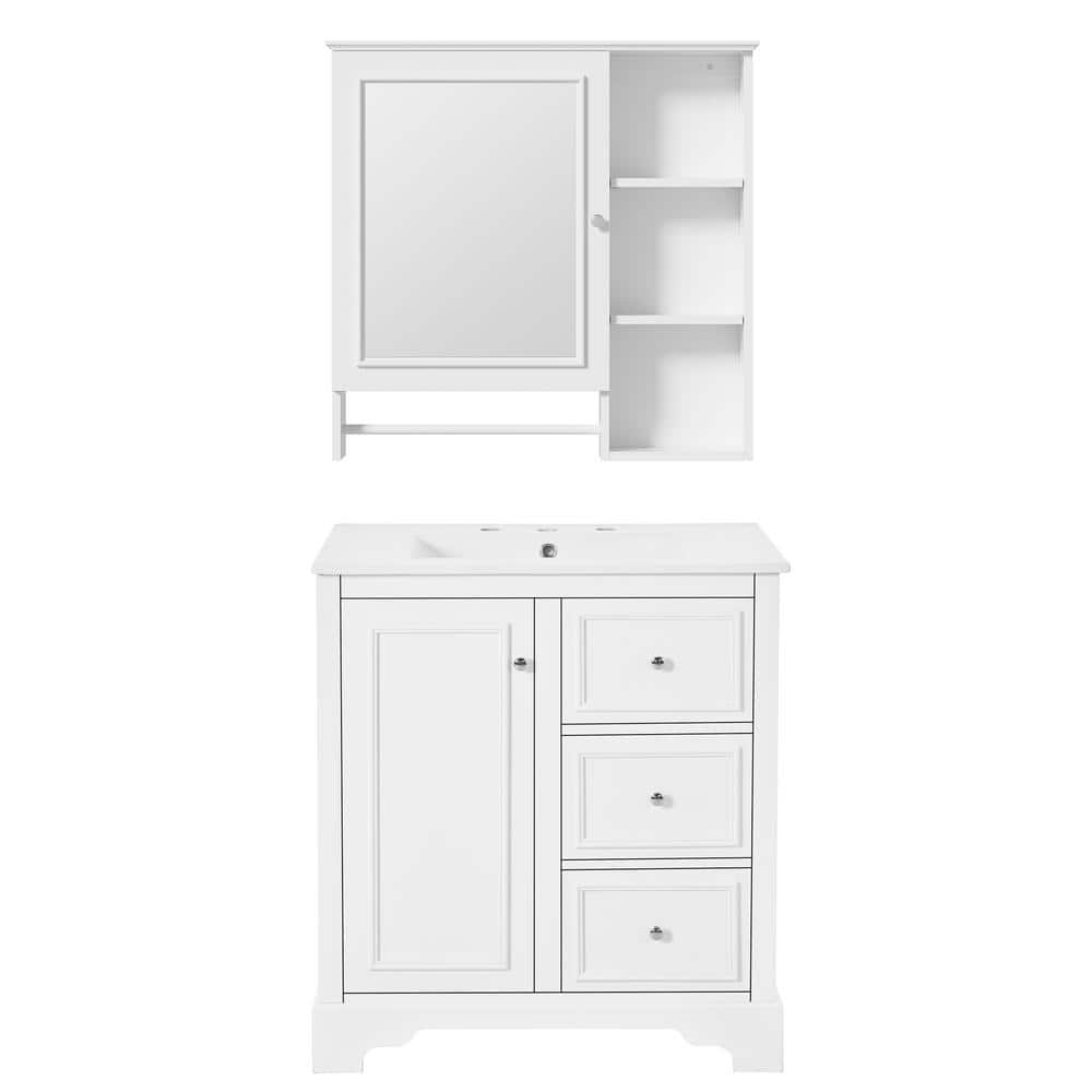 30 in. W Single Sink Freestanding Bath Vanity in White with White Ceramic T