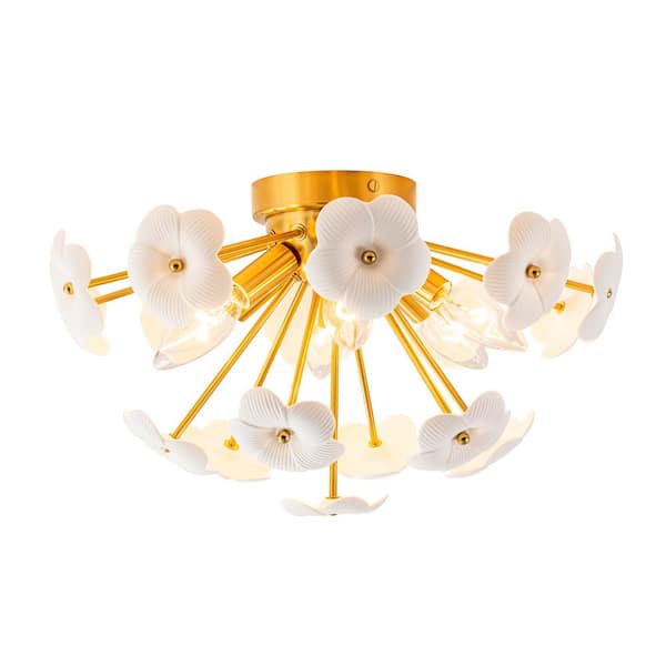 RRTYO Hiatt 16.1 in. 6-Light Gold Sputnik Starburst Semi- Flush Mount Ceiling Lighting with Ceramic Petal-Shaped Glass