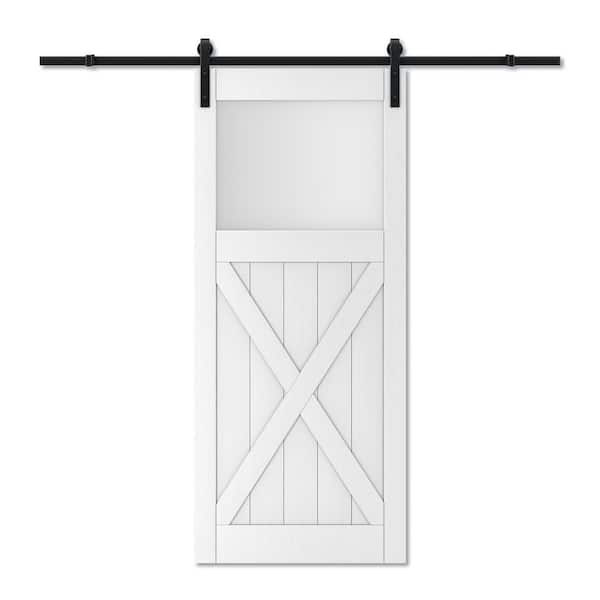 ARK DESIGN 36 in. x 84 in. X Design 1 Lite Tempered Frosted Glass White Prefinished Solid Core MDF Barn Door Slab with Hardware Kit