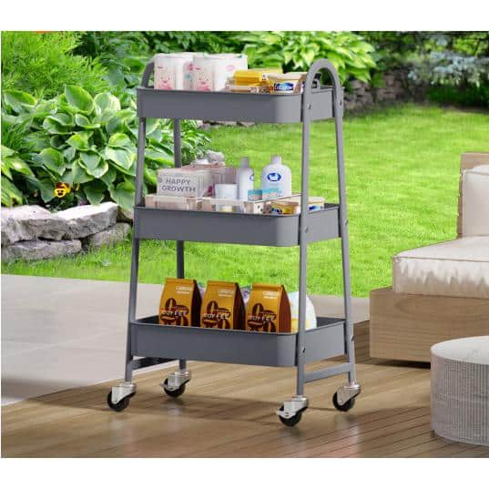Gray Metal 3-Tier Rolling Kitchen Storage Cart