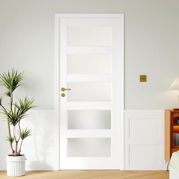 32 in. x 80 in. 5-Lite Tempered Frosted Glass Solid Core White Primed Wood Interior Door Slab