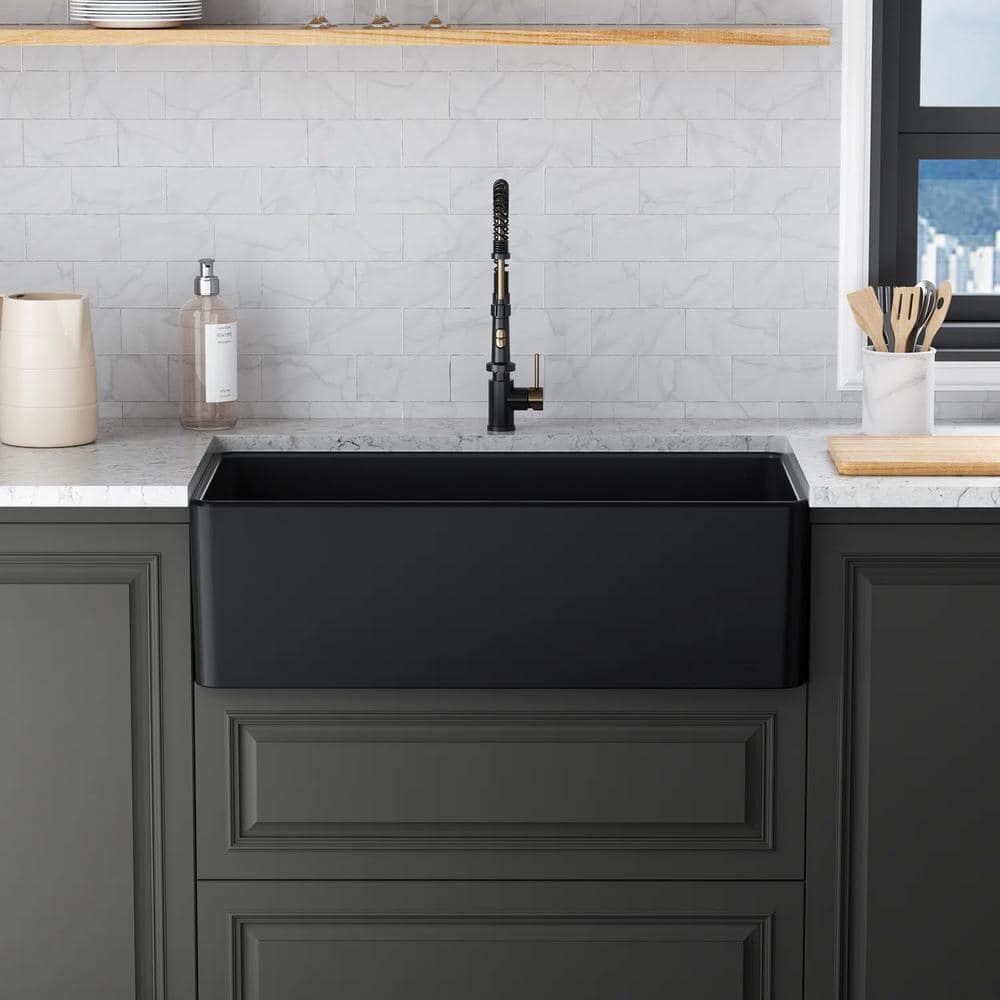 Matte Black Fireclay Farmhouse Kitchen Sink with Grid and Strainer
