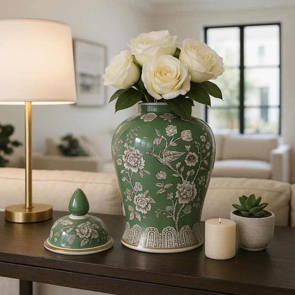 18.25 in. Green/Brown Ceramic Decorative Bird and Flower Temple Jar