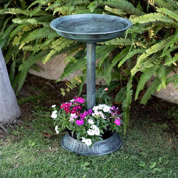 25 in. Tall Outdoor Birdbath with Planter Yard Statue, Green