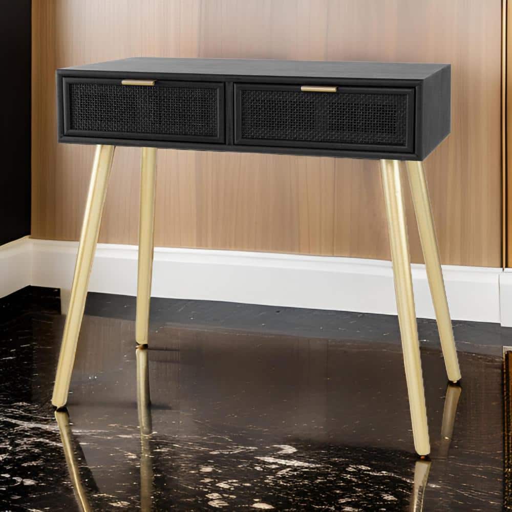 Jet Black Pine & Rattan Console Table with Mirrored Glass, 32"