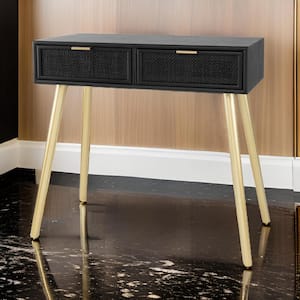 31.5 in. Black and Gold Rectangle Wooden Console Table with 2-Drawers and Woven Rattan Design