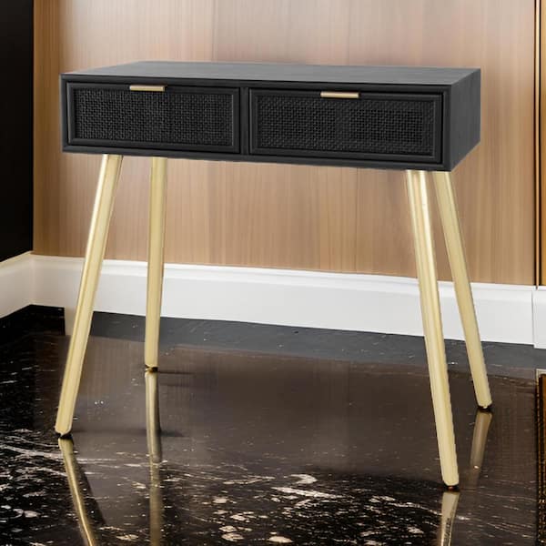Benjara 31.5 in. Black and Gold Rectangle Wooden Console Table with 2-Drawers and Woven Rattan Design