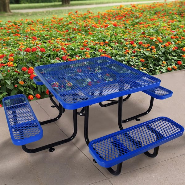Cesicia 46 in. Square Outdoor Steel Picnic Table With Umbrella Pole in Black