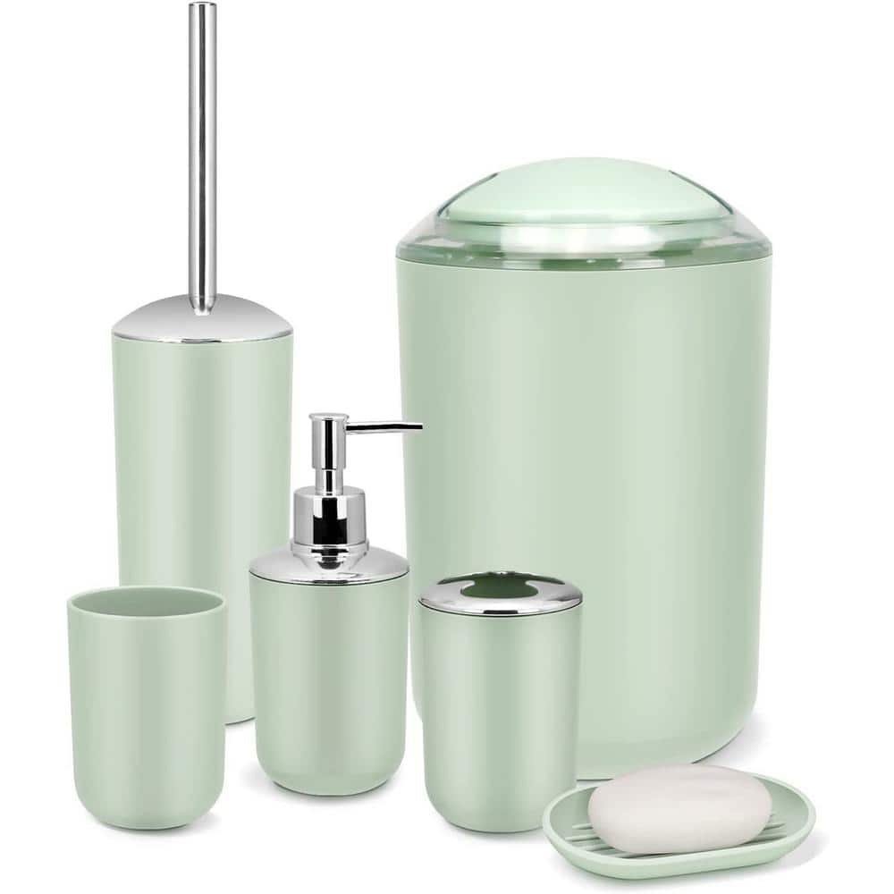 IMAVO Bathroom Accessory Set - 6 Piece Green Bathroom Accessories Set with Trash Can, Soap Dispenser, Soap Dish, Toothbrush Holder & Cup, Toilet