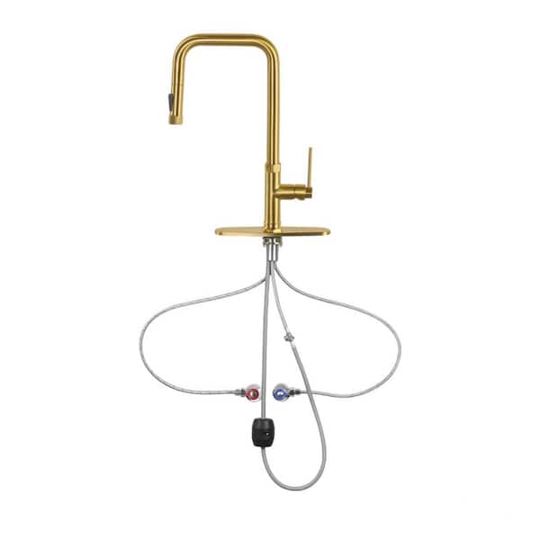 Lukvuzo 17 in. Single Handle Kitchen Faucets with Pull Down & Deck Plate in Brushed Gold
