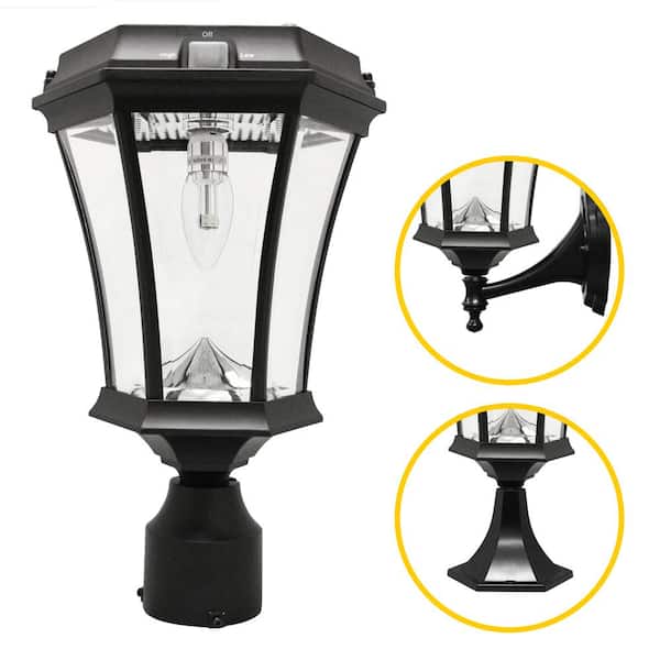 GAMA SONIC Victorian Bulb Single Black Outdoor Solar Post Light with Pier Base and Wall Sconce Mounting Options