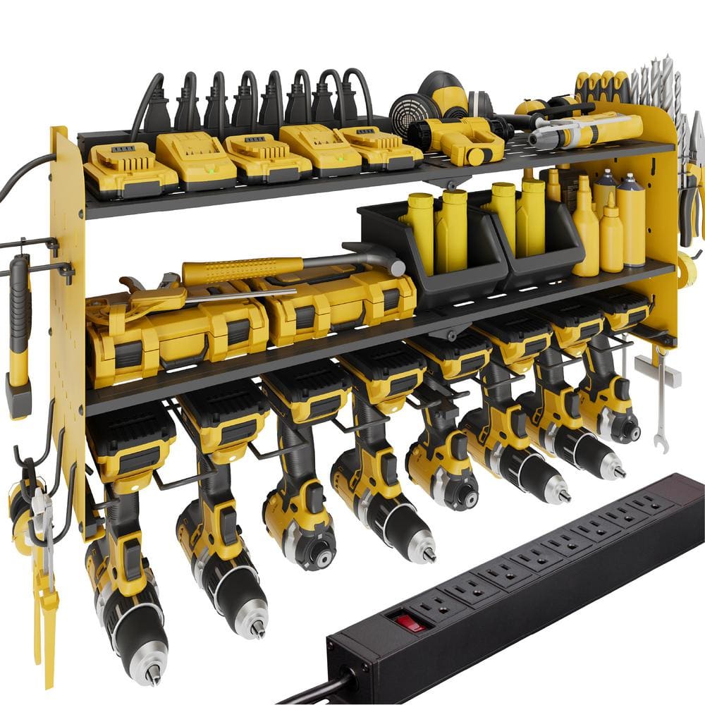 Power Tool Organizer- 8 Drill Wall Mount with Charging Station, Yellow