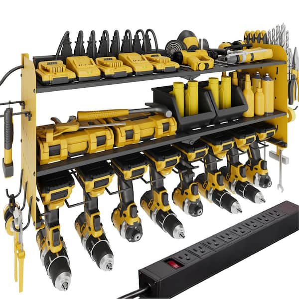 Power Tool Organizer- 8 Drill Wall Mount with Charging Station, Yellow