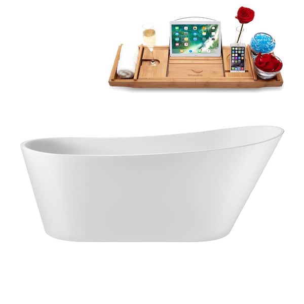 Streamline 67 in. x 30 in. Acrylic Freestanding Soaking Bathtub in Glossy White with Matte Black Drain, Bamboo Tray