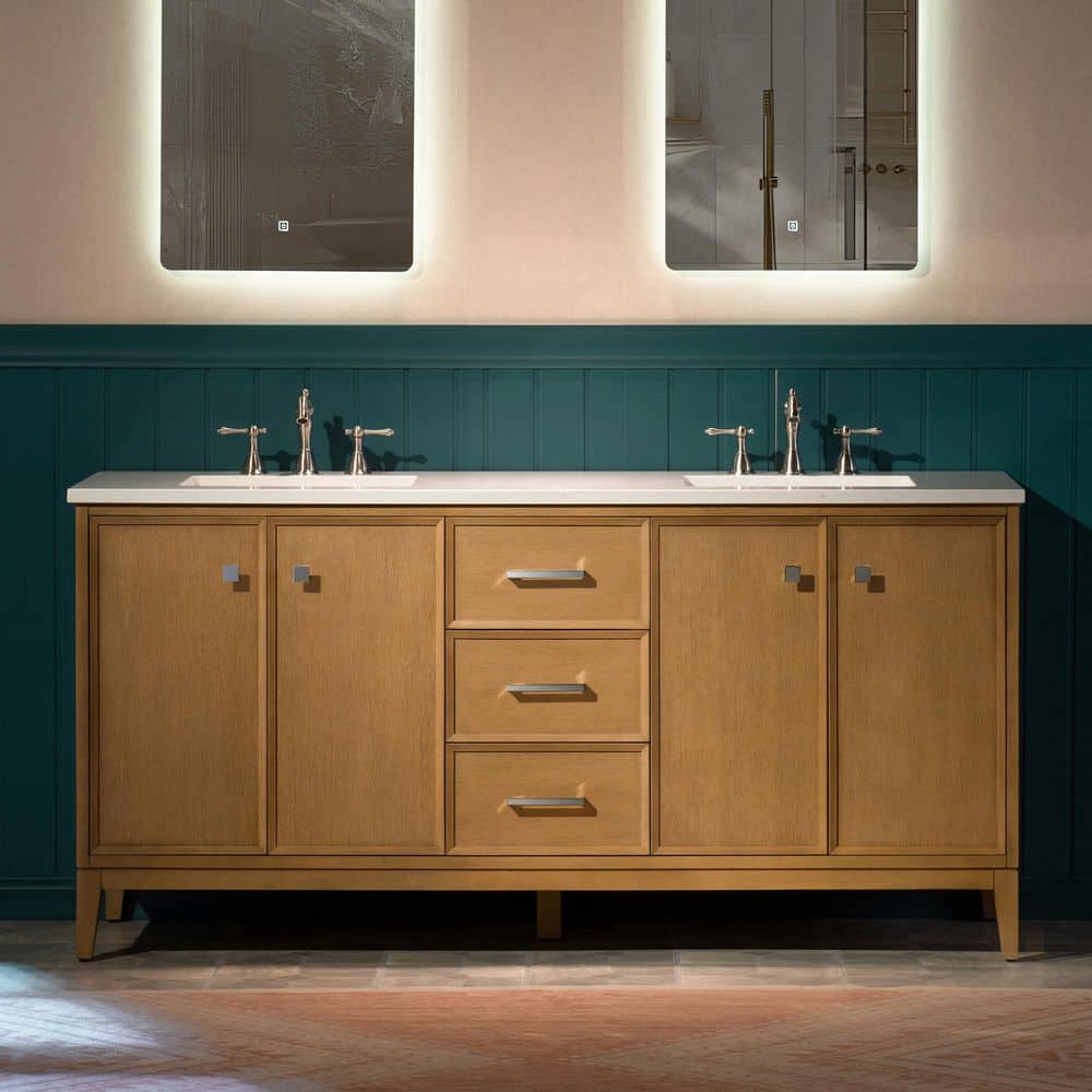 Lyon 61 in. W x 22 in. D Double Sink Freestanding Bath Vanity in Natural Oak with White Engineered stone Vanity Top price history on PriceWatchPro
