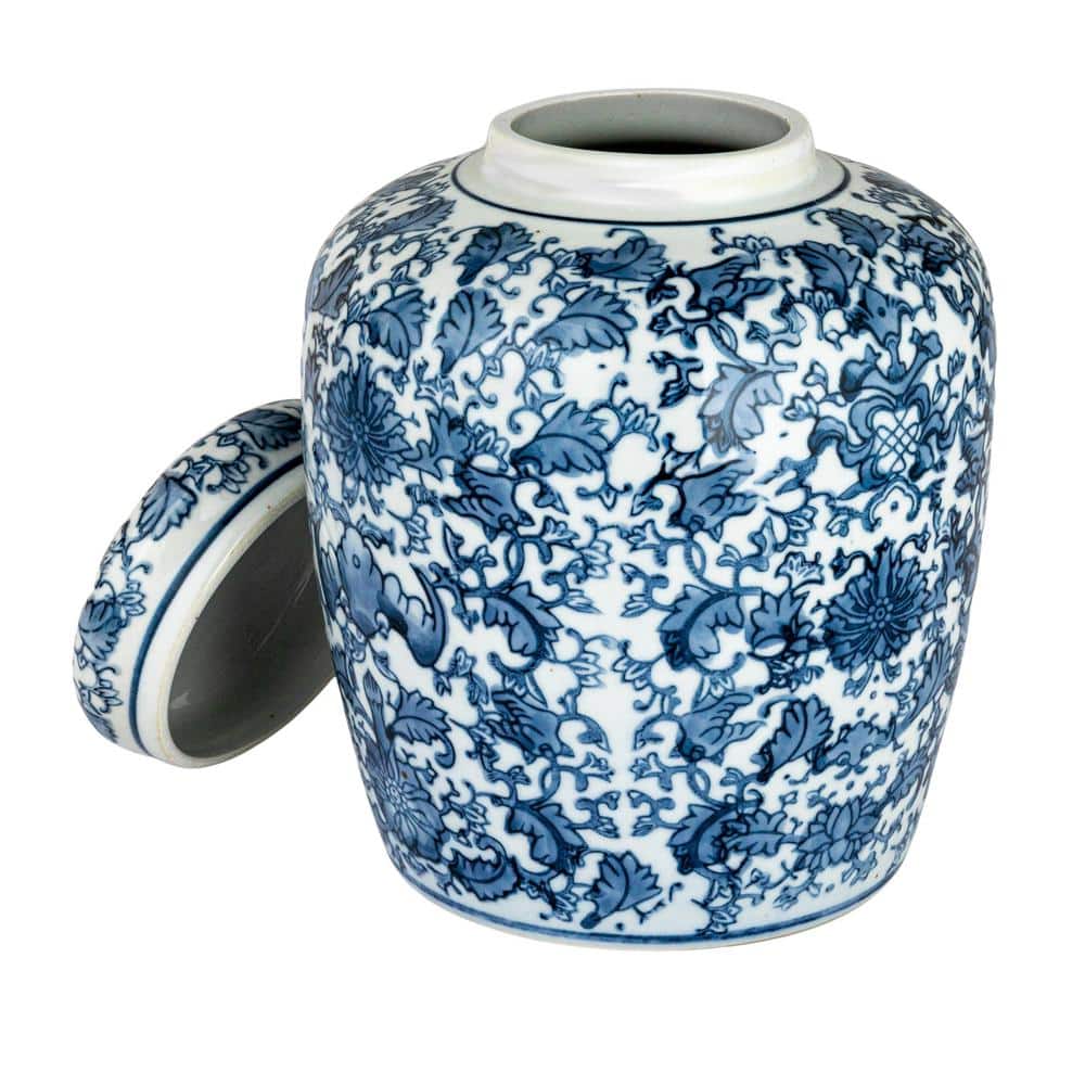Blue and White Floral Ceramic Ginger Jar with Lid