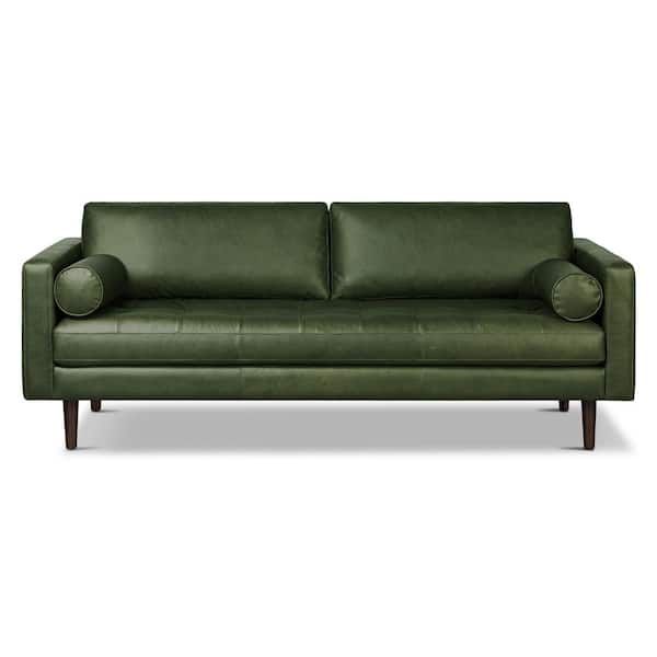 Poly and Bark Nolita 85 in. Square Arm Leather Rectangle 3-Seater Sofa in. Olivine Green