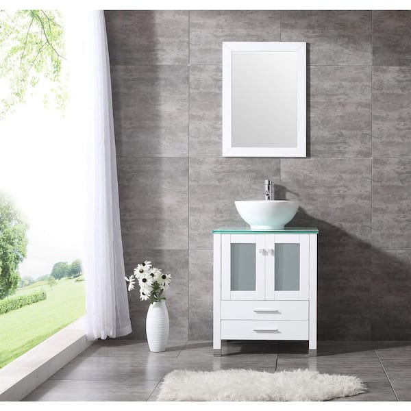 Wonline 24 in. W x 21.7 in. D x 60 in. H Single Sink Bath Vanity in White with Green Glass Top and Mirror