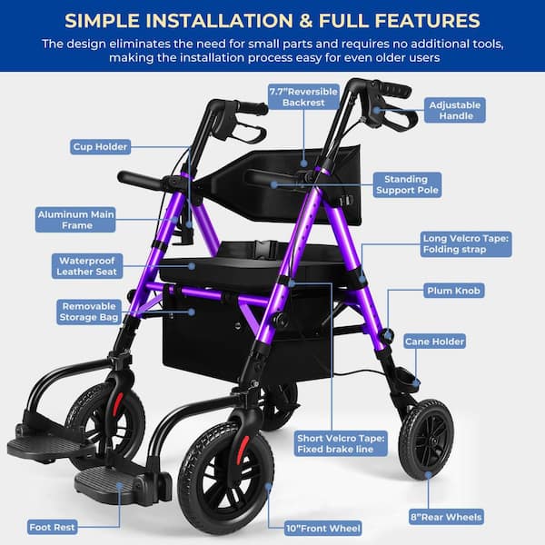 Wudkey 4-Wheel Lightweight 2 in 1-Purple Foldable Rollator Walker