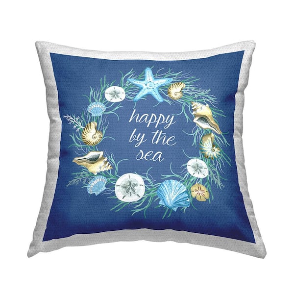 Stupell Industries Happy By The Sea Nautical Wreath Blue Square Outdoor Throw Pillow