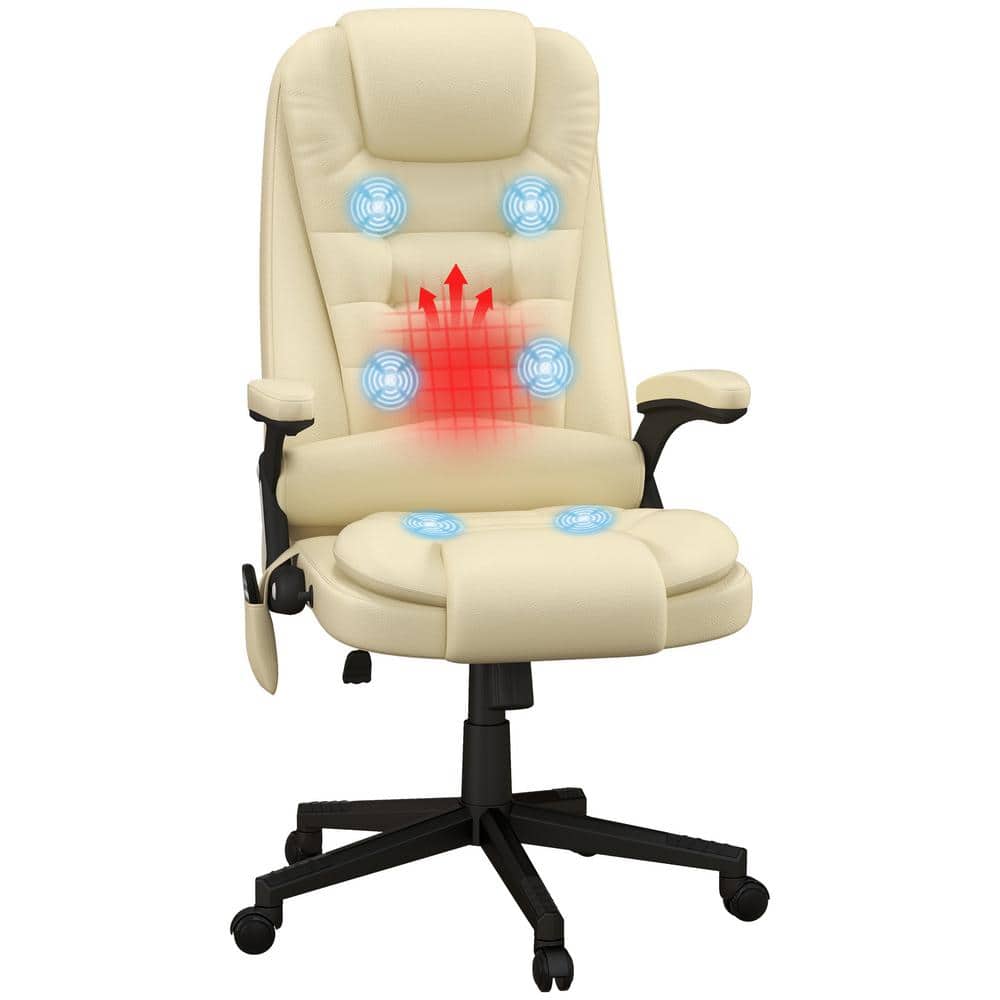 HOMCOM 22.4"" x 26.8"" x 47.6"" Cream White PU Leather Heated Adjustable Executive Chair with Arms, Beige -  A2-0053
