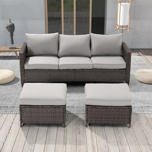 3-Seater Patio Brown Wicker Sofa set with Ottomans, Linen Grey Cushion