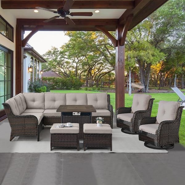 Opohoro Brown 6-Piece Wicker Patio Fire Pit Set, Outdoor Sectional Seating Set with Olefin Beige Cushions and Swivel Rockers