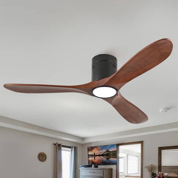 Modern 52 in. Black 3 Wood Blades Flush Mount Ceiling Fan with LED Light and Remote Included