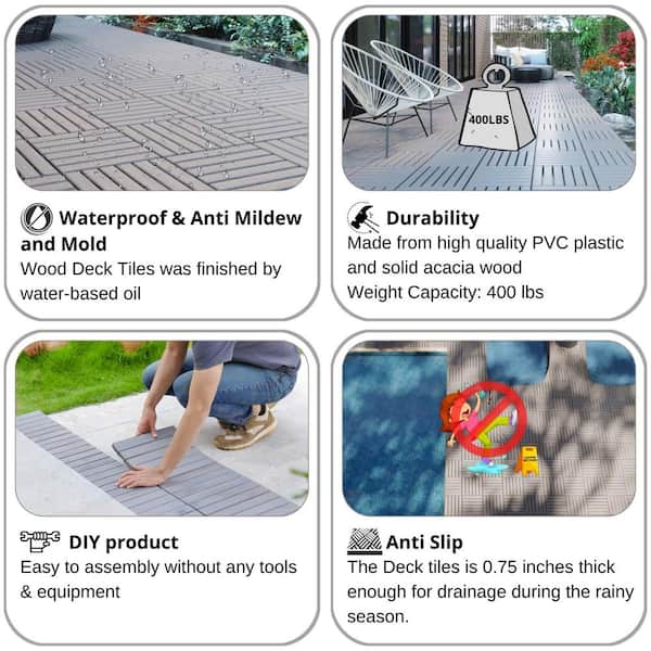 Unbranded - 1 ft. x 1 ft. Solid Wood Square Light Gray Interlocking Deck Tiles for Patio, Bancony, Pool Side (20 PCS)