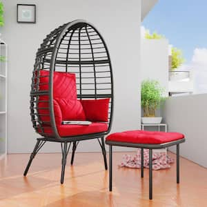 Patio Brown Wicker Indoor/Outdoor Egg Lounge Chair with Ottoman and Red Cushions