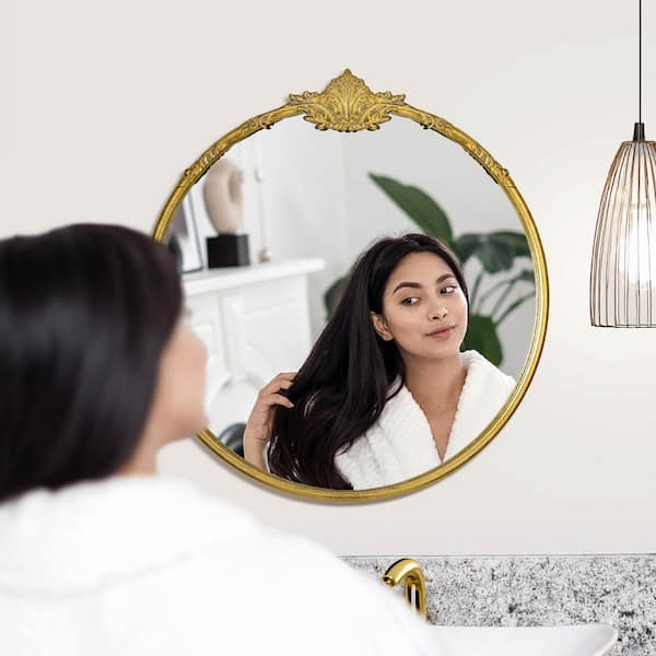 Deco Mirror 24 in. W x 25.5 in. H Vintage Antique Brass Round