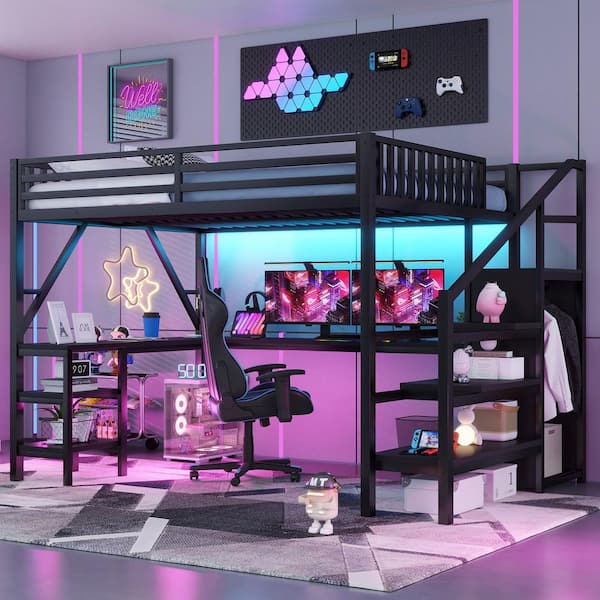Black Queen Metal Loft Bed with Wardrobe and LED Light,L Shaped Desk and USB