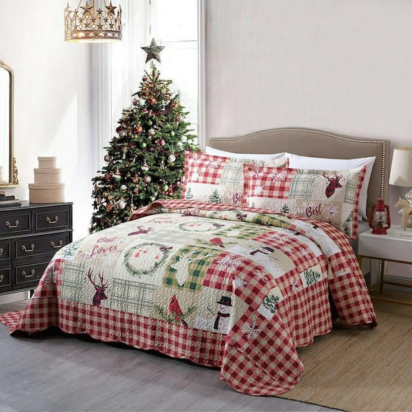 B009 Christmas 3-Piece Red/Multi Snowman Polyester King Size Christmas Quilt Set