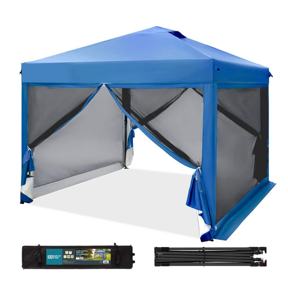 Blue 10' x 10' Pop-Up Canopy with Netting and Roller Bag