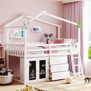 White Wood Frame Twin Size House Loft Bed with Windmill and Fence Guardrails, Cabinet, Blackboards and 3-Drawer