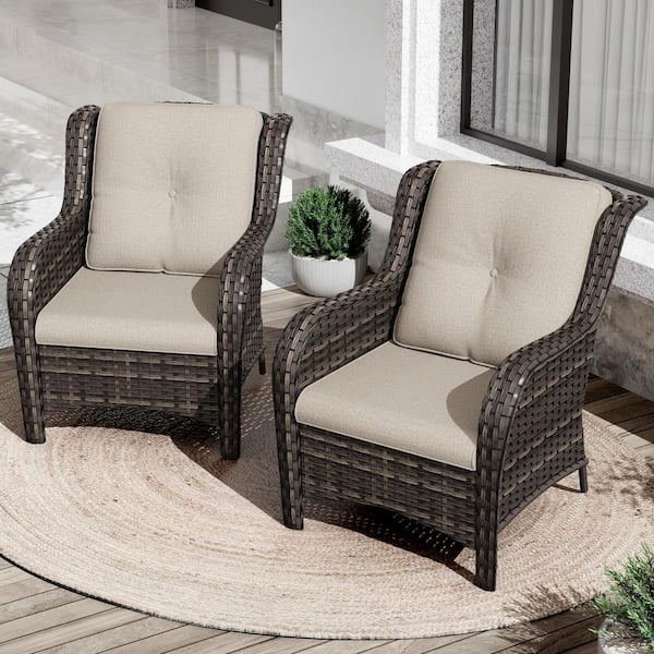 Ergonomic Arm 2-Piece Patio Wicker Outdoor Lounge Chair with Thick Beige Cushions