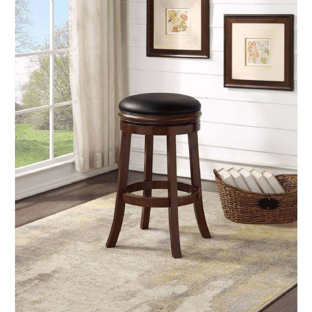 Cappuccino Wood and Black Leather Swivel Backless Bar Stool